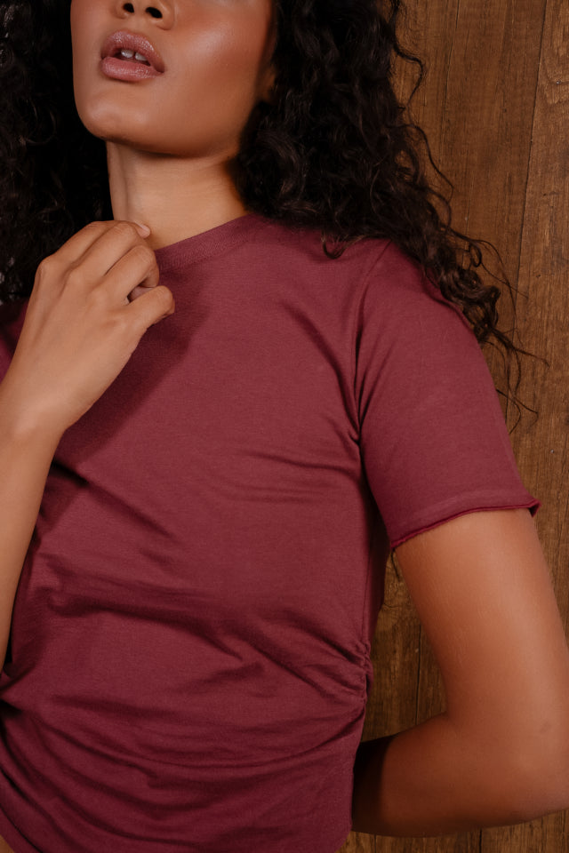 Crew Neck T Shirt With Ruched Drawstring Sides